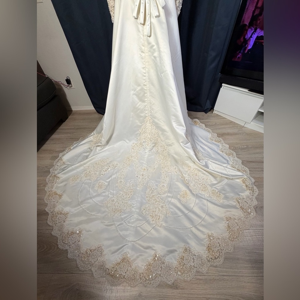 Ivory Off-Shoulder Wedding Dress with Gold Embroidery + Veil & Bouquet - Picture 12 of 16